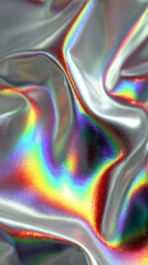 A silver iridescent hologram foil background shimmers with rainbow hues, symbolizing futuristic vision, transformation, illusion, and the beauty of shifting perspectives in a minimal form.

