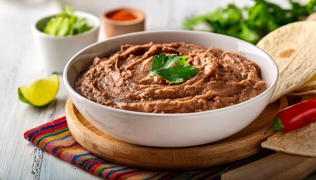 refried beans in a white bowl mexican dish