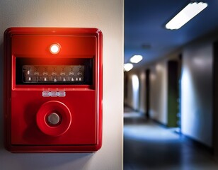 red emergency alarm box with warning light in dimly lit hallway safety alert system
