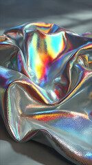 A silver iridescent hologram foil background shimmers with rainbow hues, symbolizing futuristic vision, transformation, illusion, and the beauty of shifting perspectives in a minimal form.
