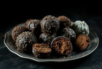 Dark and moody food aesthetic with truffles on metal plate