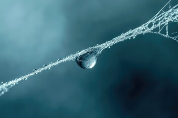 A single dewdrop clinging to a spiderweb, reflecting the soft light of morning.