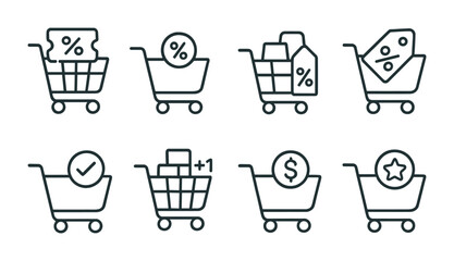 Line style icons of shopping cart with discounts: cart and coupon icon, checkout discount, bundle item deal, combo offer tag, cart and applied code, quantity-based offer, cart savings icon, cart