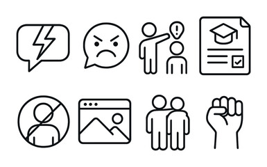 Line style icons of cyberbullying awareness: chat with lightning icon, angry face bubble, peer harassment alert, school report form, silent witness badge, screenshot for evidence icon, support friend