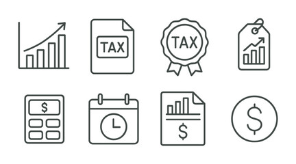 Line style icons of capital gains and taxes: gains chart icon, tax on returns file, dividend tax badge, tax-efficient strategy tag, capital gains estimate icon, reporting deadline calendar,