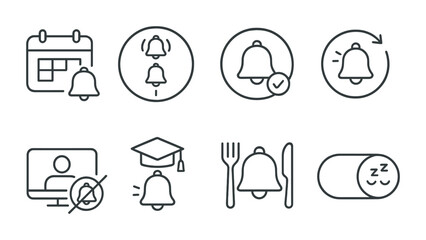 Line style icons of scheduling notifications: notification planner icon, batch alert delivery symbol, end-of-day summary badge, delay ping button, no alerts during meeting icon, school mode