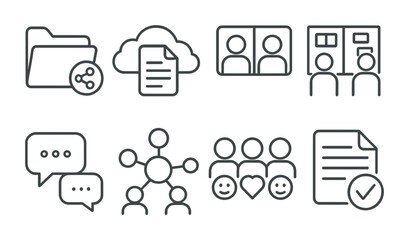 Line style icons of virtual teamwork: shared folder badge, cloud doc icon, coworking in call, joint task board, comments in real time, collaborative mindmap, team emoji reactions, review and approve