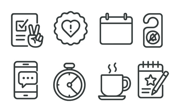 Line style icons of helpful daily tools: to-do with check + peace, gentle reminders badge, clear calendar icon, helpful message screen, easy focus timer, break time tool, good habit builder, quiet