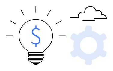 Light bulb with dollar sign symbolizing finance and innovation, beside a cloud and a gear. Ideal for creativity, technology, economy, productivity, business strategy, problem-solving, flat simple
