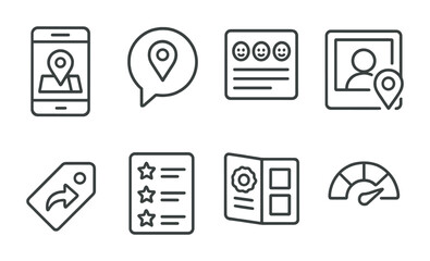 Line style icons of visitor experience tools: app with map icon, “what’s nearby” bubble, review wall symbol, check-in photo frame, share experience tag, favorite exhibits list, collect digital stamps