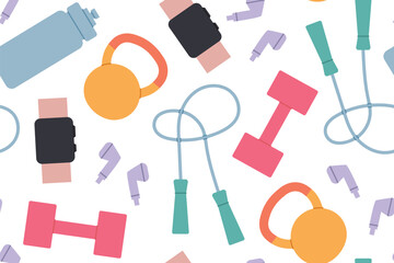 gym, fitness, sport seamless pattern with water bottle, dumbbell, watch, headphones, kettle and jump rope icons- vector illustration