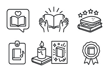 Line style icons of book celebration moments: favorite quote sticker, finish-the-book cheer, “five stars!” badge, snack after final chapter, book-inspired playlist tag, book-themed candle icon,