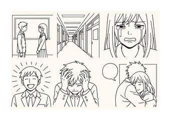 Line style icons of emotional moments in manga: confession scene board, lonely hallway panel, dramatic tear frame, intense stare icon, laughter burst icon, inner struggle panel, relief smile bubble,