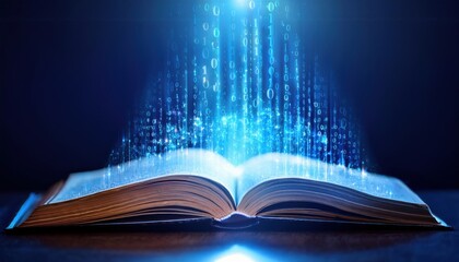 A book emitting streams of binary code into a glowing aura symbolizing the digital transformation of knowledge, education, and the future of information access