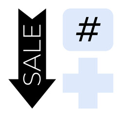Black downward arrow with Sale text, blue metadata tag symbol, and plus sign. Ideal for promotions, discounts, social media, marketing, campaigns, branding e-commerce simple landing page