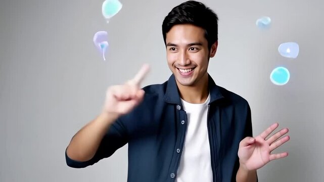 Young creative technologist pointing to floating elements around her head, miming a brainstorming session, focused and playful, white background