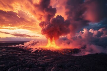 Fototapeta premium Volcanic Eruption at Sunset: A Fiery Display of Nature's Power