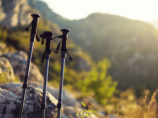 Pair of trekking poles resting on rocky trail in mountain landscape