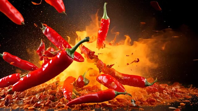 Exploding Red Chili Peppers with Fire and Spice Particles