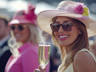 Stylish woman in floral hat smiling with champagne at outdoor event
