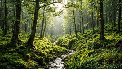 Obraz premium Tranquil mossy forest featuring a babbling brook under dappled sunlight from the towering trees Serene nature scene
