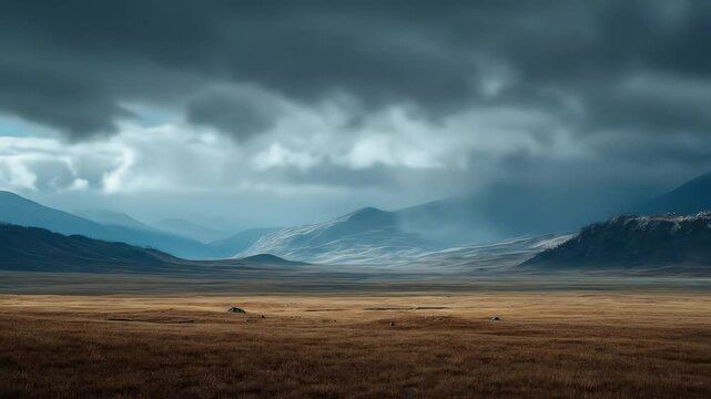 Vast autumn plains under brooding sky