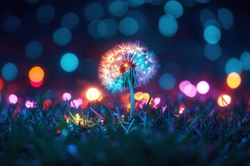Obraz premium Glowing Dandelion in Nighttime Garden
