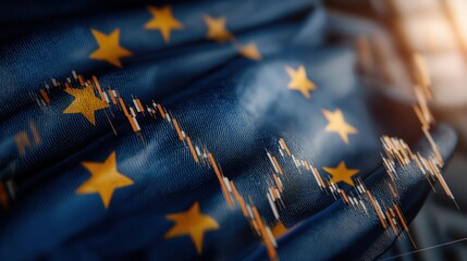 UE flag and stock market graph demonstrate symbolic economic resilience and growth trends in European markets