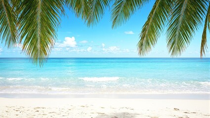 Fototapeta premium Tranquil tropical beach scene with turquoise water white sand and swaying palm fronds evoking serenity and relaxation