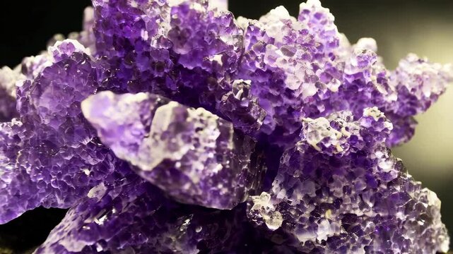 Close-up of a cluster of vivid purple amethyst crystals featuring intricate formations, mineral specimen, and textured surface.