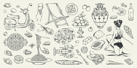 Summer coastal vacation hand drawn ink illustration set. Italian summer beach with surf woman, lounger, food, bike, mediterranean coastal elements for card, poster, invitation. Sea rest doodle vector.