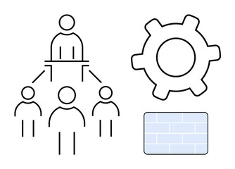 Abstract leadership hierarchy with three subordinate figures, a large cogwheel representing teamwork, and a brick wall suggesting stability. Ideal for leadership, teamwork, structure, organization