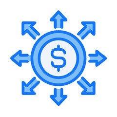 Money distribution concept with arrows pointing outwards for business and finance growth idea on transparent background