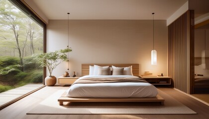 modern zeninspired bedroom neutral tones soft lighting empty wall for serene natureinspired decor calming and elegant