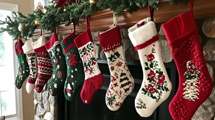 Festive christmas stockings hang on a mantle.