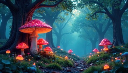Enchanted forest, glowing mushrooms, whimsical trees, sprite, path