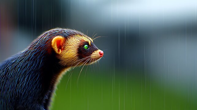 A close-up of a ferret gazing intently in the rain, with a blurred green background