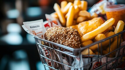 A shopping cart filled with various fast food items.