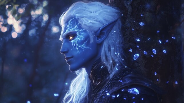 moody portrait of a drow male with blue skin