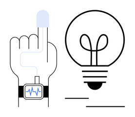 Finger wearing a monitoring device connected to a smartwatch displaying health data with a lightbulb symbolizing innovation, technology, and ideas. Ideal for health monitoring, wearable technology