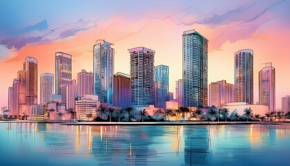 intricate ink outline design captures miami s skyline enveloped in subtle mist highlighting its unique architecture against a twilight backdrop