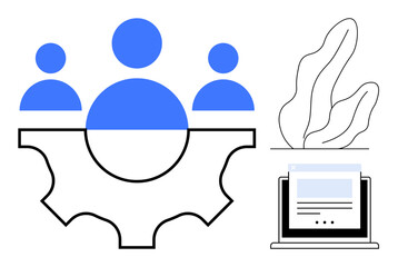 Gear with three human symbols, computer screen with data, and abstract plant design. Ideal for teamwork, technology, creativity, productivity, innovation, strategy simple landing page