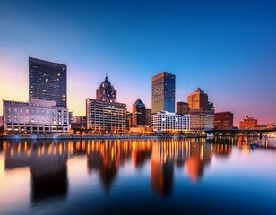 Naklejka premium stunning syracuse new york skyline with modern architecture and twilight colors reflected in water