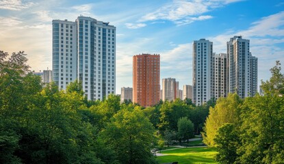 Fototapeta premium Modern Cityscape: High-Rise Buildings and Lush Greenery