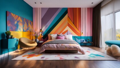 artistic modern bedroom colorful accents bold furniture empty wall for abstract mural art creative and vibrant