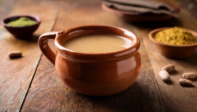 traditional peruvian chicha de jora in a clay cup rustic beverage photography showcasing cultural heritage and authentic drink presentation