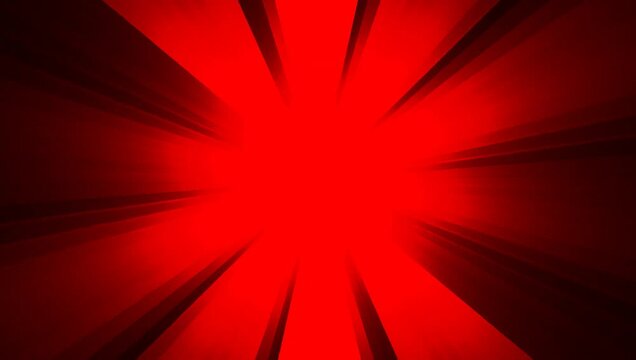 Radiant red sunburst with bold light rays expanding from center in a comic-style explosion effect, increasing and decreasing in seamless looping animation, pulsing in and out rhythmically 