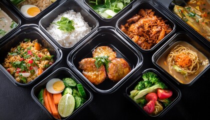 variety of modern thai food portions in black plastic take away containers healthy meal solutions for lunch dinner food looks fresh ready to eat image suitable for food delivery services catering
