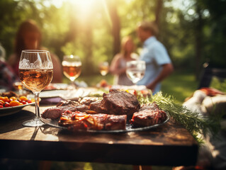 Summer barbecue party with grilled meat and wine outdoors