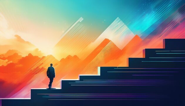 tech stock capital scaling copy space radiant palette double exposure silhouette with ascending staircase and tech layers